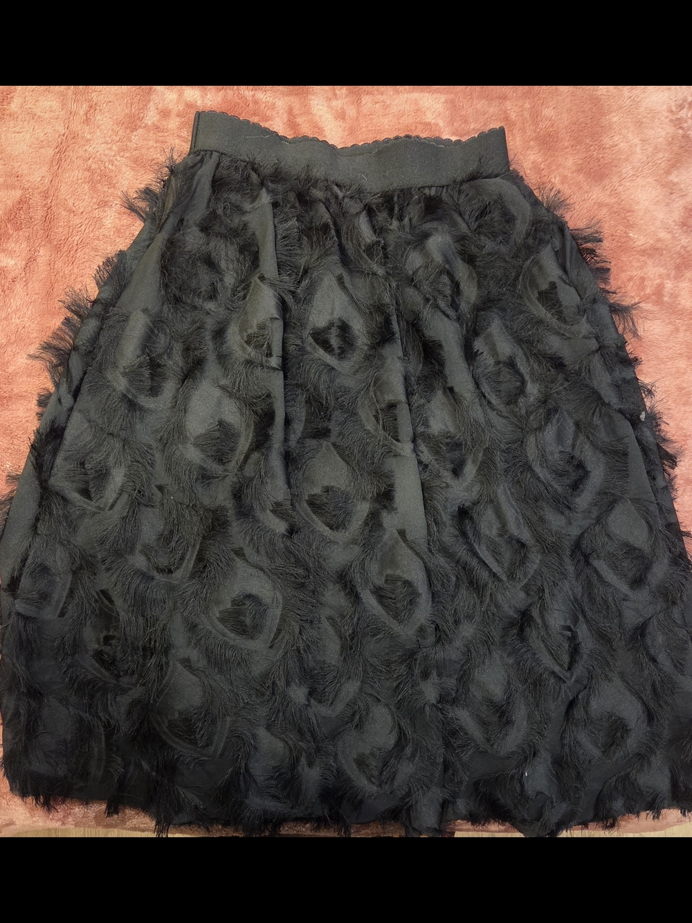 AKIRA Black Textured Midi Skirt with Fringe Motif